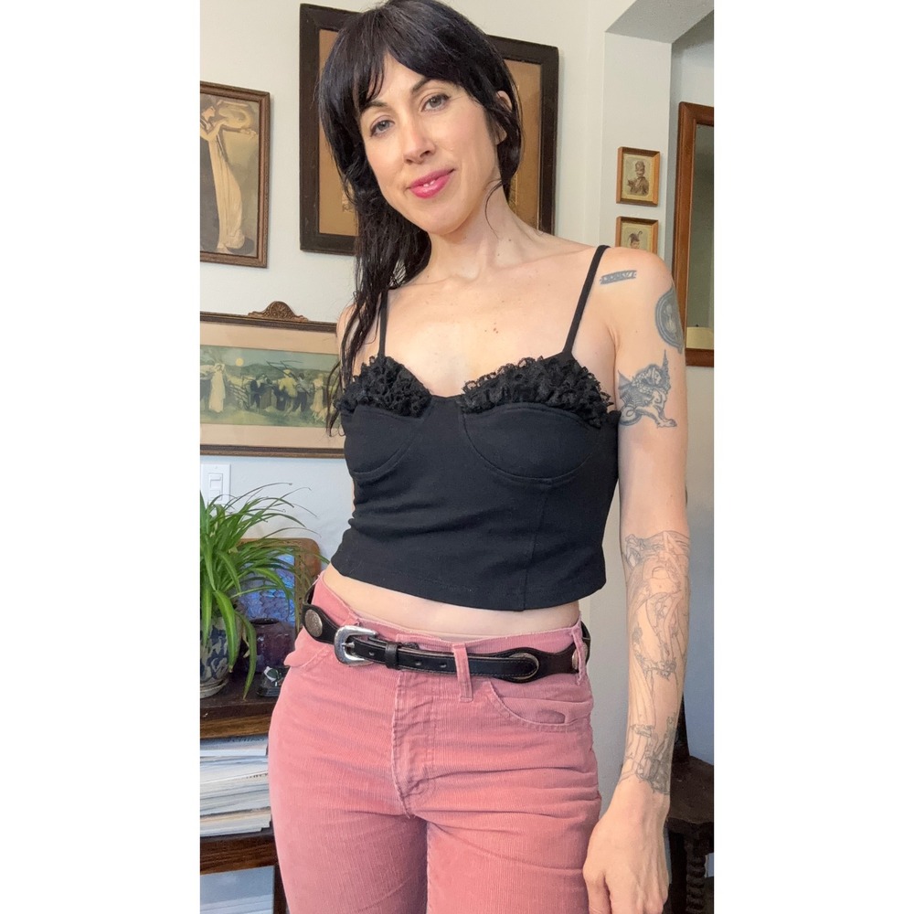 Vintage 80s 90s Black Tank Crop Top Ruffle Lace Trim Camisole Gothic Coquette